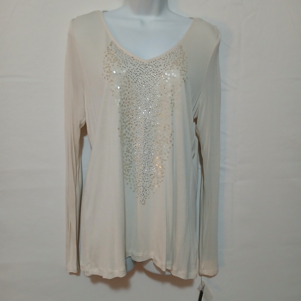Apt. 9 Cream Top V Neck Sequins Sz L Shinny Holiday Festive Party Work Travel